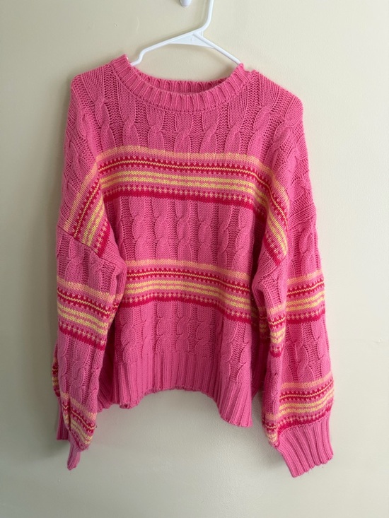 Pink Lily Sweaters - Pink Lily Cable Knit Scoop Neck Sweater in Hot Pink with Yellow & Red Stripes